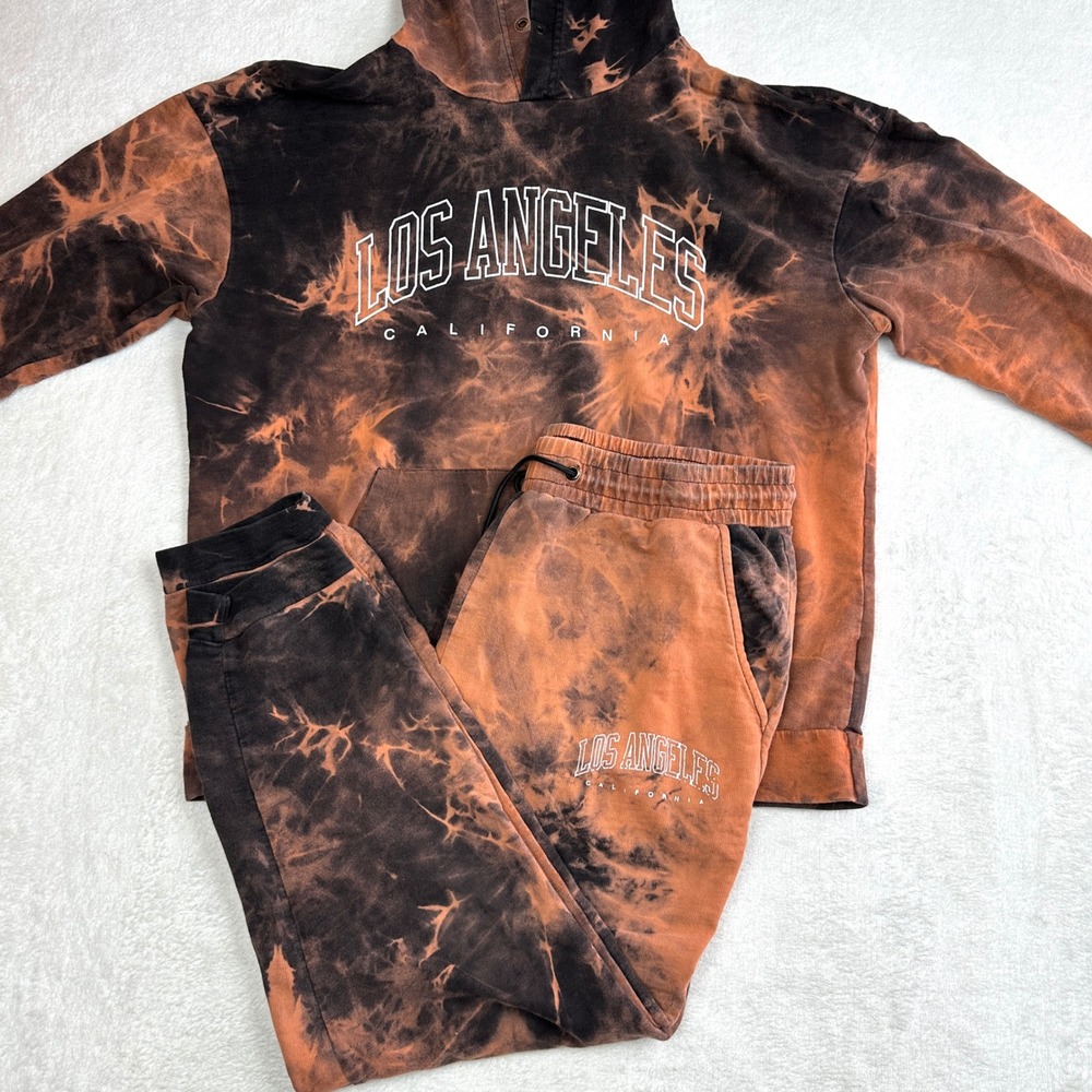Shein Los Angeles Acid Wash Hoodie and Jogger Sweat Suit Set Black Orange Mens M